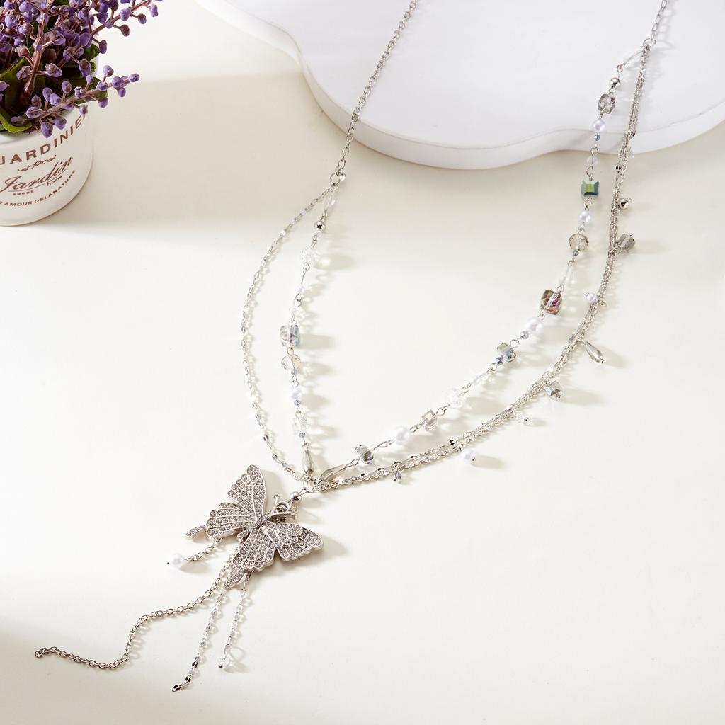 Hot Selling Butterfly Pearl Tassel Necklace Light Luxury Design Sense Waist Chain Clavicle Chain Two-Way Wear Niche Accessories