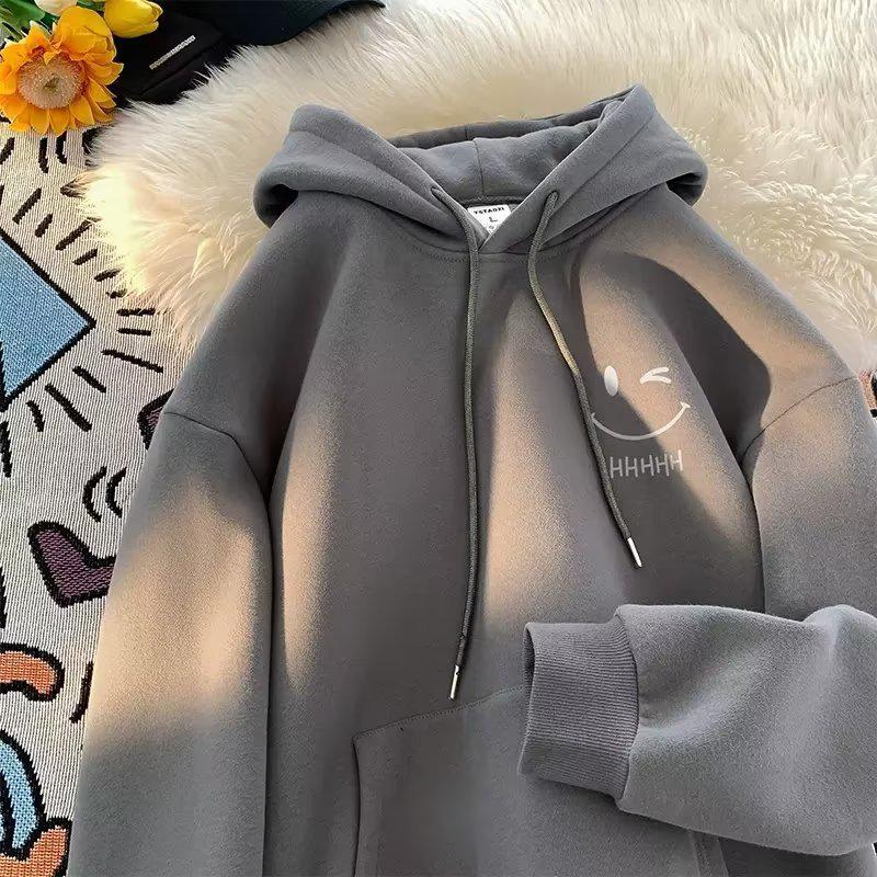Smiling Face Unisex Hoodie - Spring/Autumn 2024 Trendy Fleece-Lined Loose Fit
