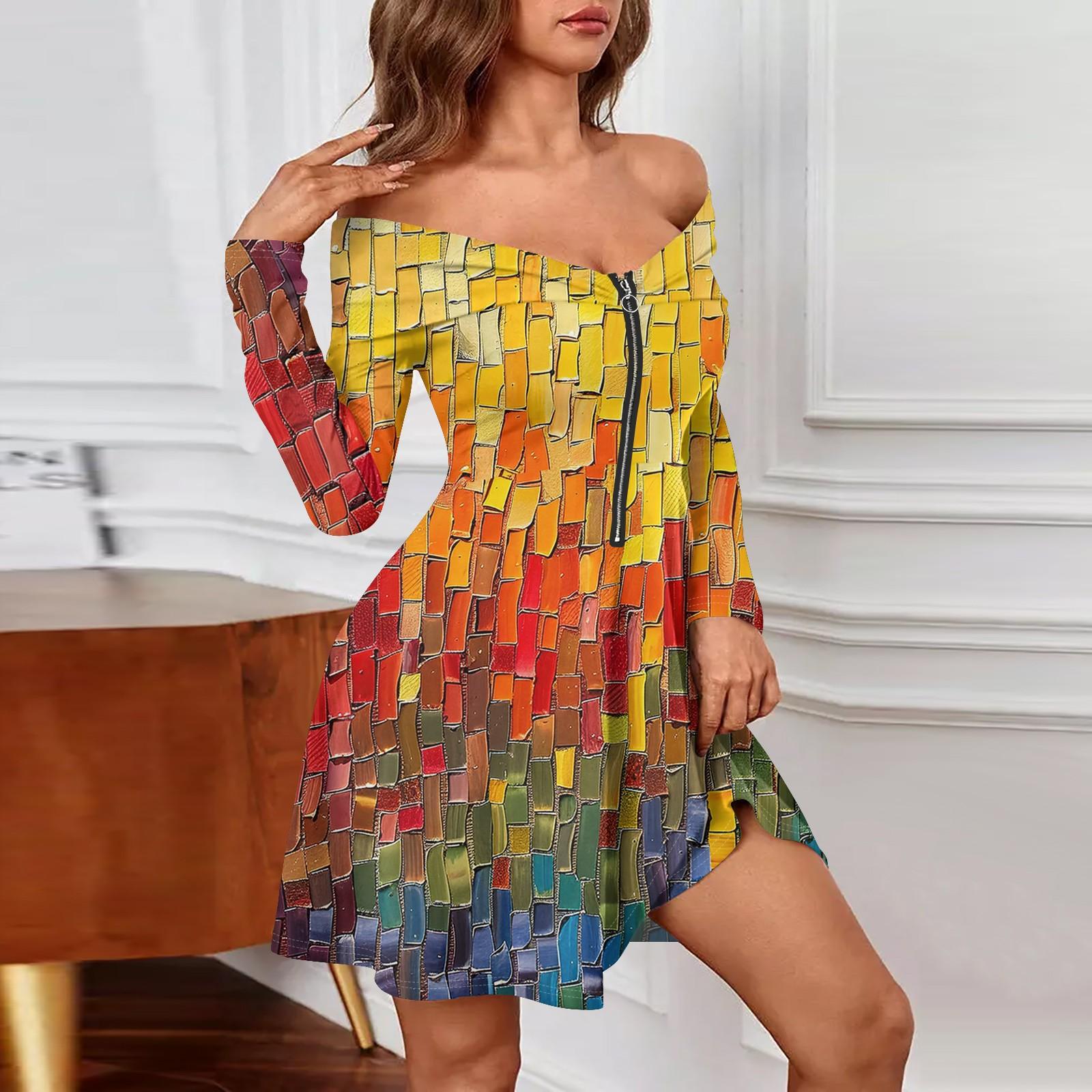 

Женские повседневные модные сексуальные платья с открытыми плечами и длинным рукавом с принтом на молнии XL жёлтый