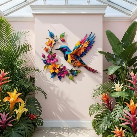 Hummingbird Bloom Metal Wall Art Colorful Floral Bird Wall Decor Iron Hanging Sculpture for Outdoor Indoor Garden Patio Fence Wall Decoration