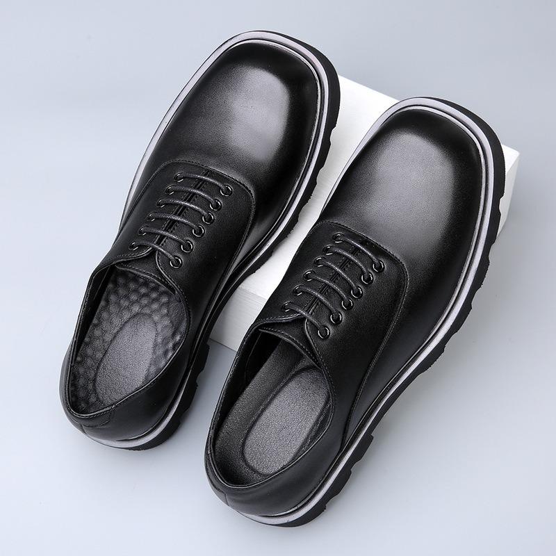 Square head casual leather shoes men's high-end sense thick-soled niche design spring and summer trend breathable heightening derby shoes