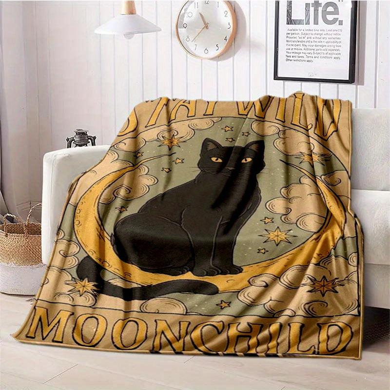Moonchild Polyester Flannel Knit Throw Blanket - Abstract Whimsical Cat Design, All-Season Cozy Sofa & Bed Cover, Contemporary S