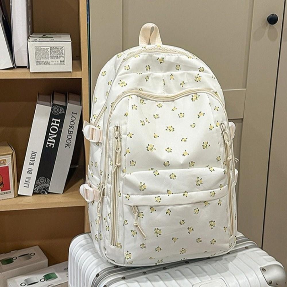 Multi-compartment Bow Pattern School Bag Multi-pocket Rucksack Floral Print Backpack Travel