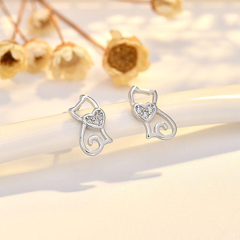 

Japanese and Korean Partysu Heart-Shaped Earrings Easiest for Match Special-Interest Design Fancy Earrings 925 Silver Needle Kitten Ear Studs Women Xiao Mao Earrings (White Gold) Color Preservation