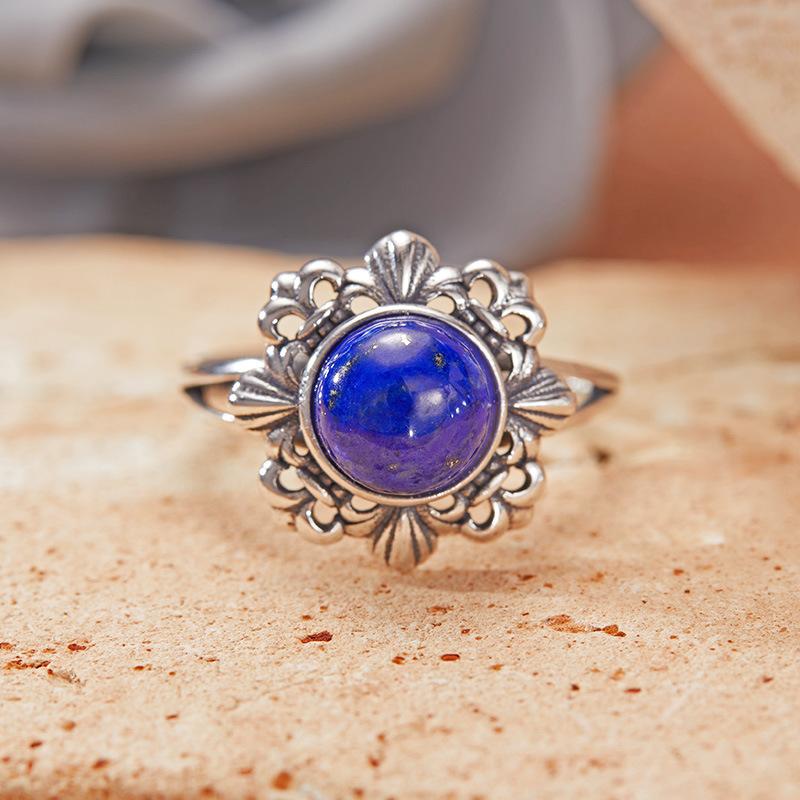 Vintage Hollow Pattern Thai Silver Ring Women'S S925 Sterling Silver Inlaid With Natural Jasper Topaz Gemstone Index Finger Ring