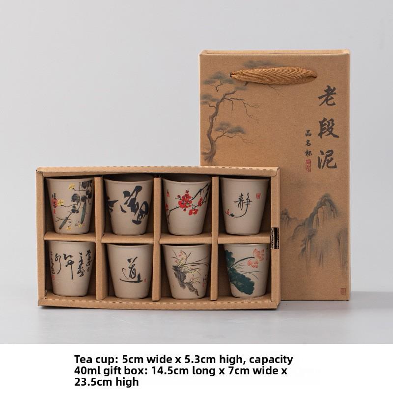 Handmade Stoneware Chinese Style Tea Cup Set 8 Pieces in Gift Box for Gongfu Tea Ceremony Home Use Decor Gift