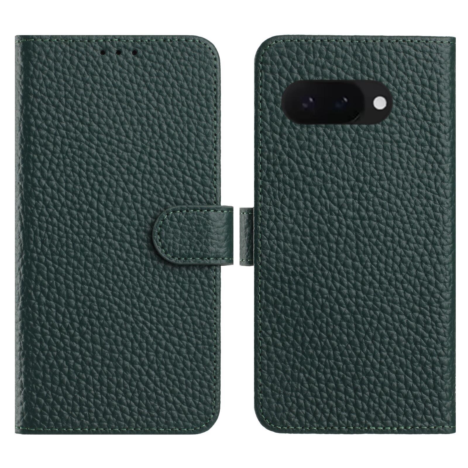 

For Google Pixel 9a Case Wallet Stand Litchi Texture Genuine Cow Leather Flip Phone Cover Green