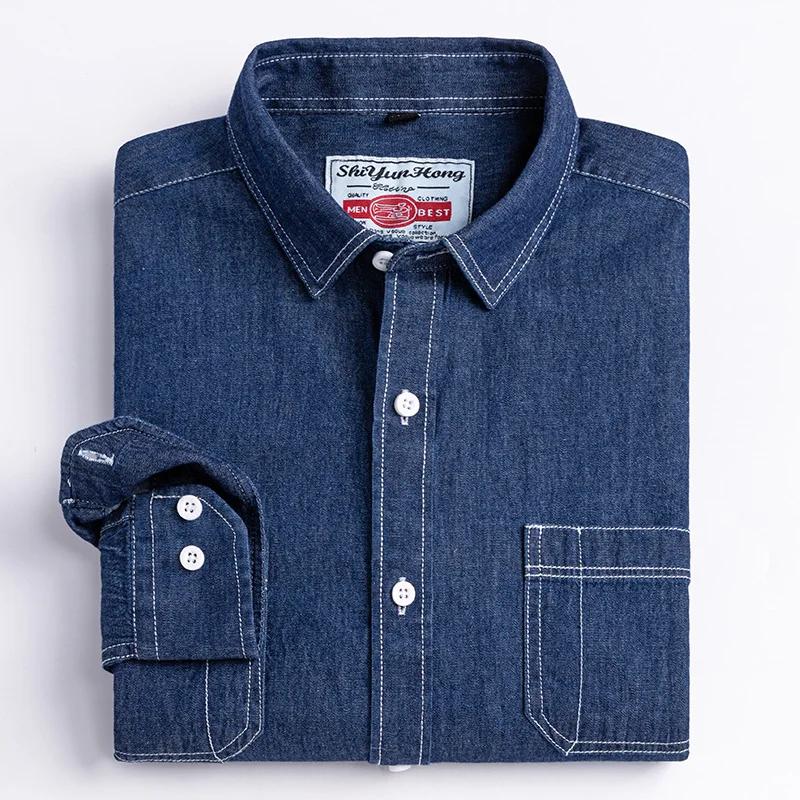 

Men s Denim Long Sleeved Shirt Pocket Design Shirt Classic Cotton Long-Sleeve Embroider Comfortable Clothes for All Seasons Wear S темно-синий