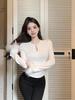 Women's White Round Neck Patchwork Fur T-Shirt, Spring Hollow-Out Base Layer