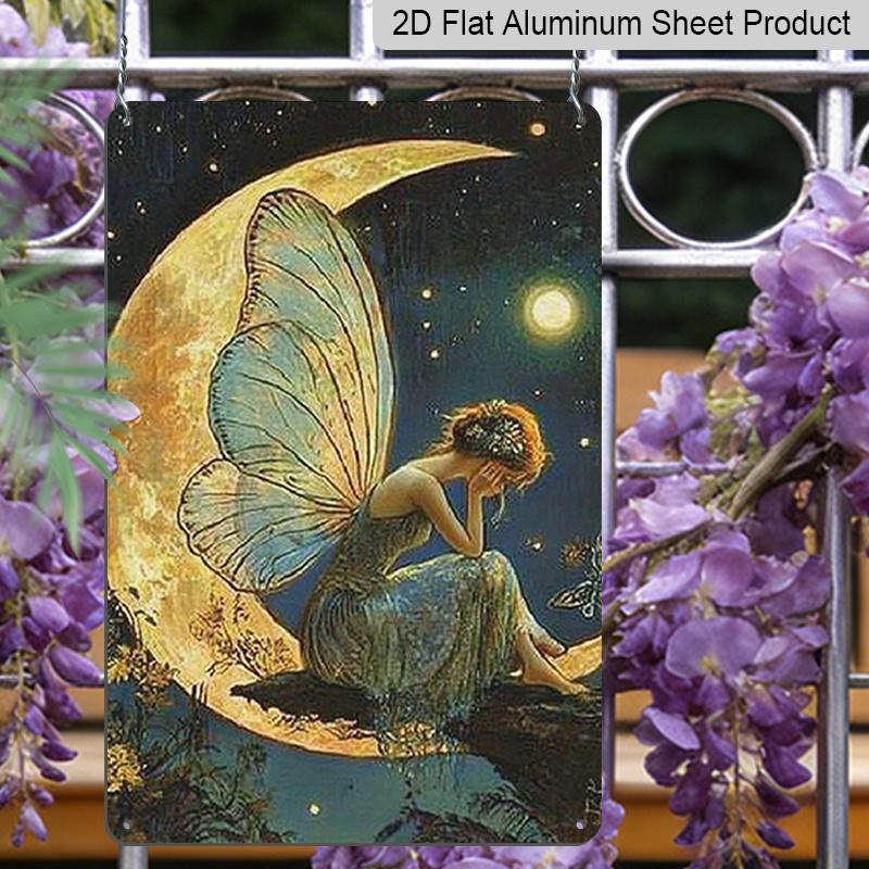 2D Flat 1pc Vintage Fantasy Fairy Moon Aluminum Sign-7.87*11.8 Inch Enchanting Wall Art with Crescent Moon & Stars, Durable Indoor/Outdoor Decor for