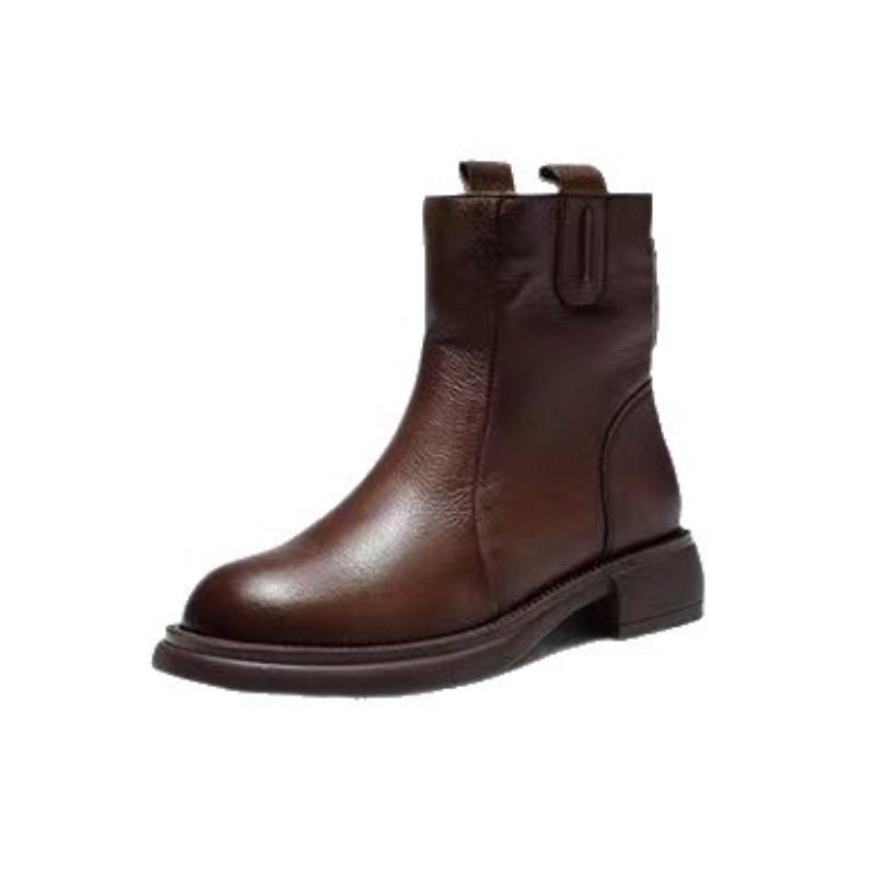 Soft Leather Shoes, Short Boots, Women's New Low-heeled Leather Boots, Retro Back Zipper Boots