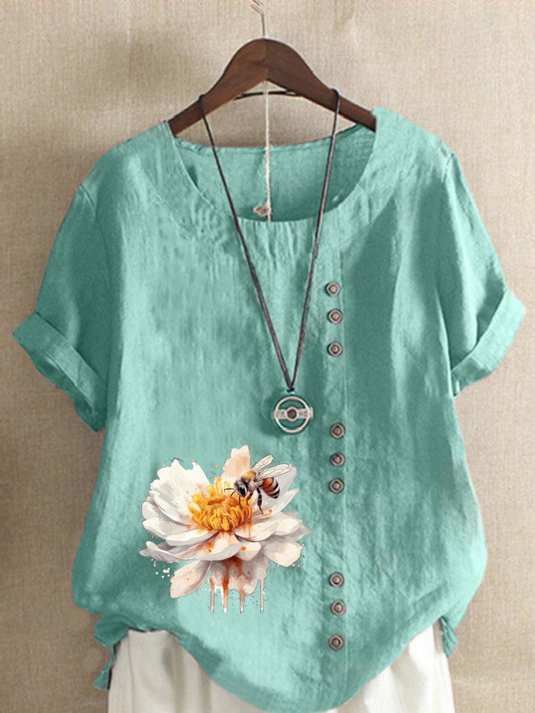 Damenmode Blume Biene Print Rundhals Kurzarm T-Shirt Lässig Baumwolle Leinen Grafikshirt Freizeit Locker Sommer Bluse Oberteile