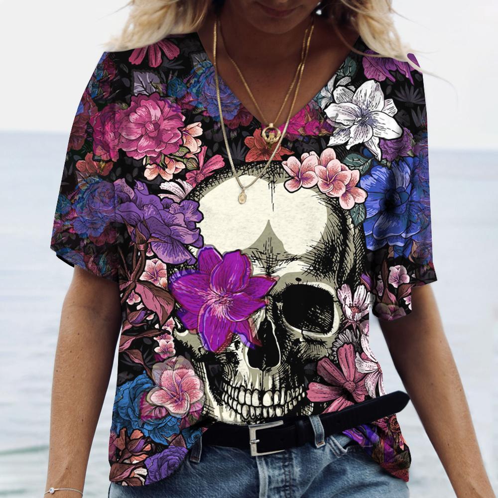 Summer V-neck 3D Skull Rose Print Top Fashionable Casual Short Sleeved Women's T-shirts