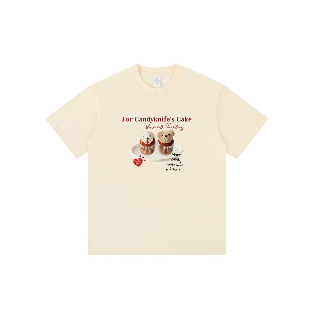 Korean Style Summer Cake Print Girlish Creamy Short Sleeve T-Shirt - Loose Round Neck Couple Outfit