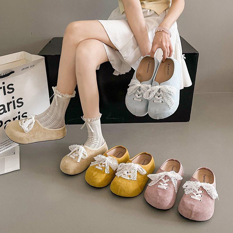 Versatile Bow Bag Head Half Slippers Women'S Outer Wear French Retro Birkenstocks Lace Platform Spring