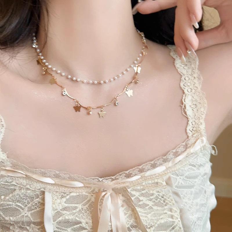 Пушистое жемчужное колье-бабочка - Женское двухслойное дуэт-колье - Высококлассный, редкий аксессуар - Цепочка-ожерелье