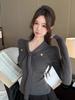 Korean V-Neck Lace-Up Slimming Pullover: Long Sleeve, Waist-Cinched, Plain Color Top for Women - High-End Autumn/Winter Style.