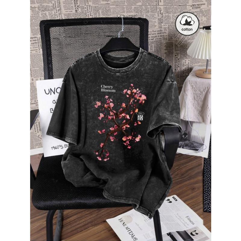 Tokyo Harajuku Cherry Blossom Print Washed T-Shirts Women Cotton Casual T Shirt Y2K Summer Short Sleeves Oversize Crewneck Tops S
