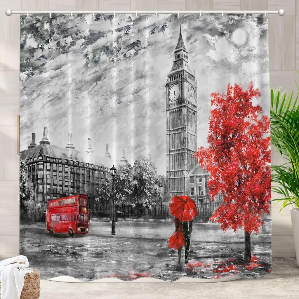 Rideau de douche décoratif Château moderne rouge Tour Eiffel Fleur de cerisier romantique Neuschwanstein Décor de salle de bain Tissus en polyester