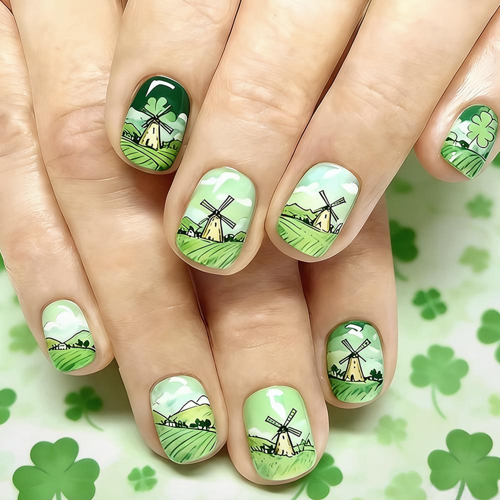 St. Patrick s Day Green Landscape Press-On Nails - Fresh Style, Wearable, Short Square, 24 Detachable Tips