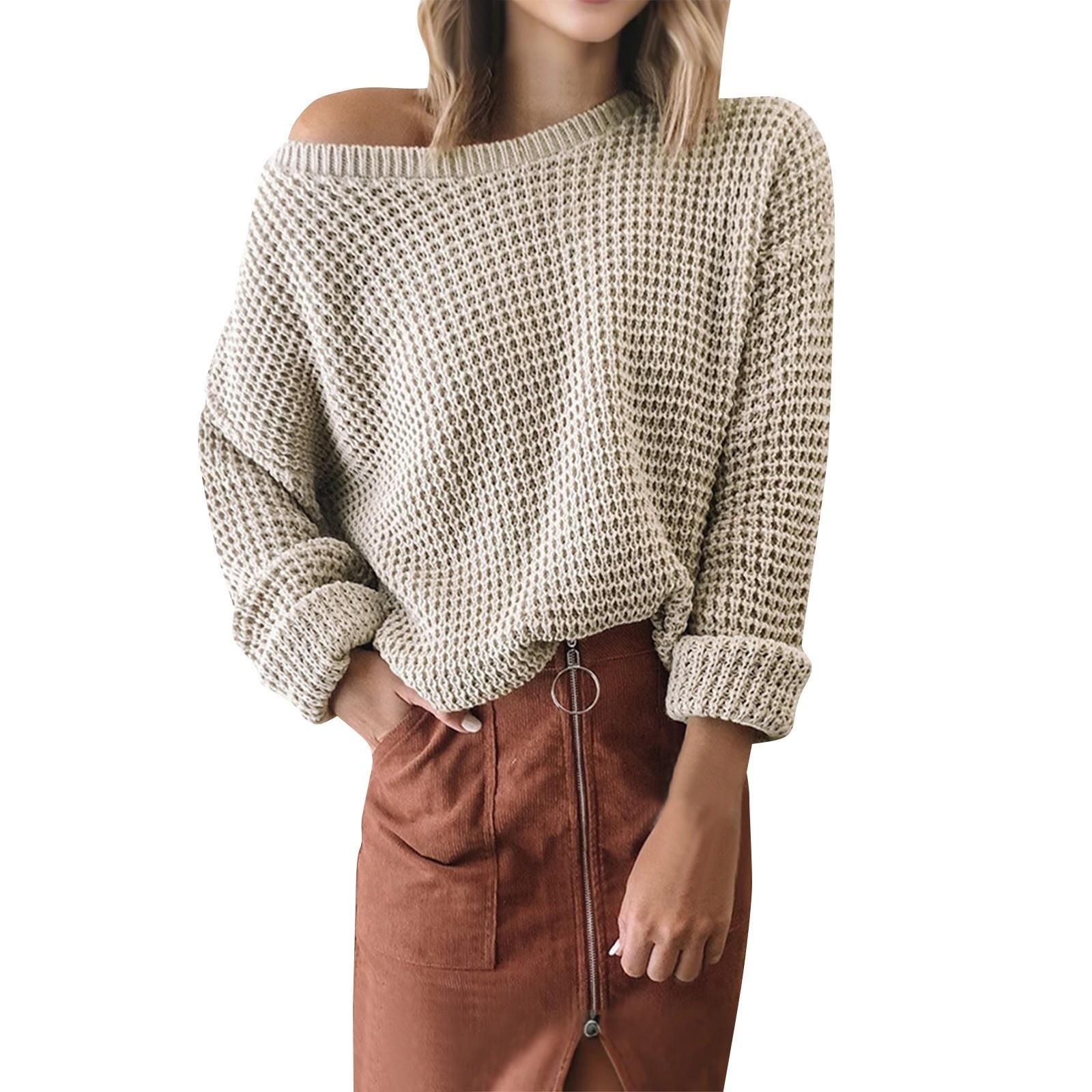 

Женский однотонный свитер с длинным рукавом и круглым вырезом, повседневный свободный вязаный пуловер, джемпер XXL бежевый