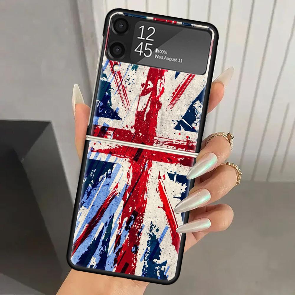 Union Jack England UK Flag Hard PC Phone Case For Samsung Galaxy Z Flip 7 6 5 4 3 Black ZFlip7 ZFlip6 Flip5 Flip4 Flip3 5G Print