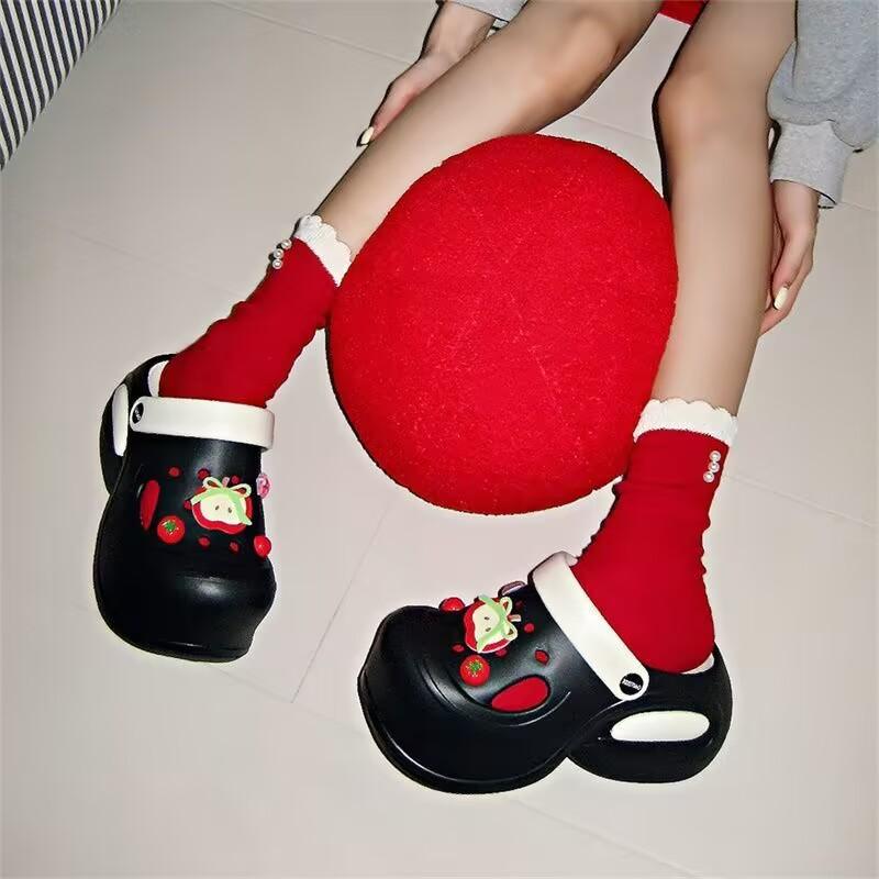 Mote Dame Plattform Tresko Søte DIY Eple Innendørs Gate Tøfler Tykk Såle Myk EVA Dame Mote Kilesandaler Daglige Gåsko