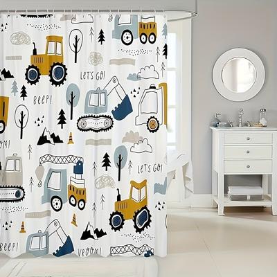 1pc Cartoon Car Shower Curtain Construction Bath Curtain Decor Equipment Trucks Bathroom Shower Curtain Set Cartoon Car Excavato