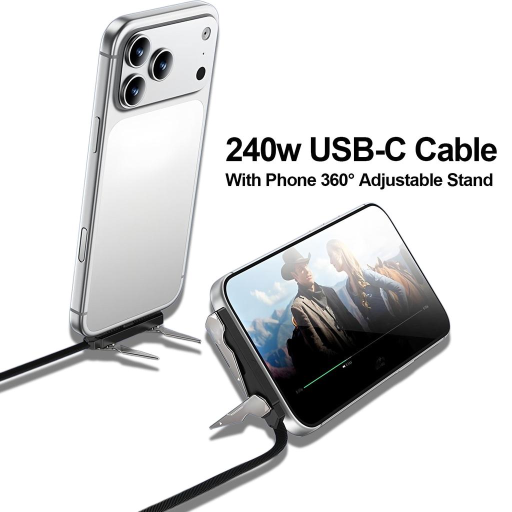 240W USB Fast Charging Cable With Foldable Phone Holder 2-in-1 Type-C Quick Charge Data Wire USB C Charging Line For Mobile Phon