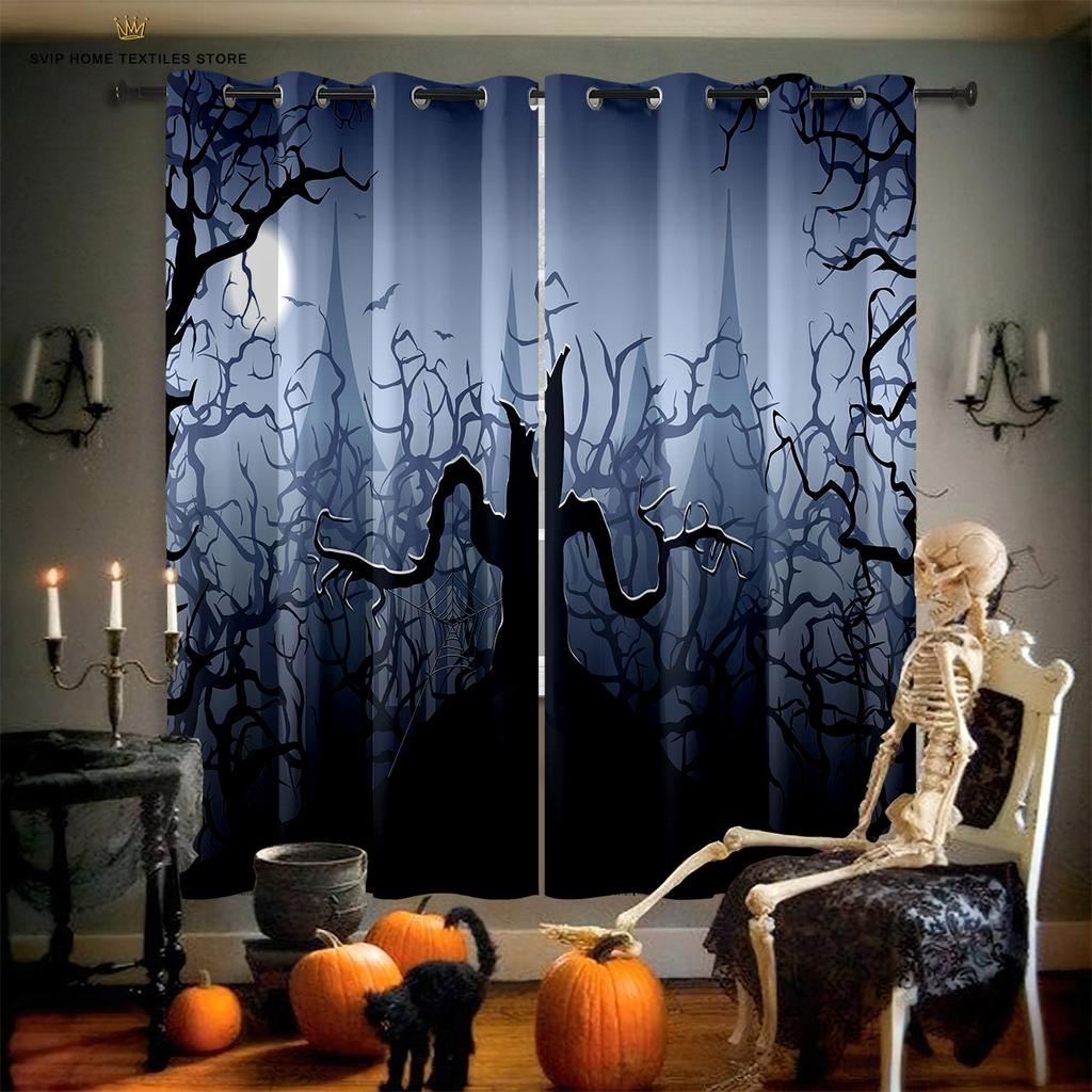 Halloween Decorative Curtains for Children's Room, Horror Cartoon Skull Print, Restaurant, Holiday Party