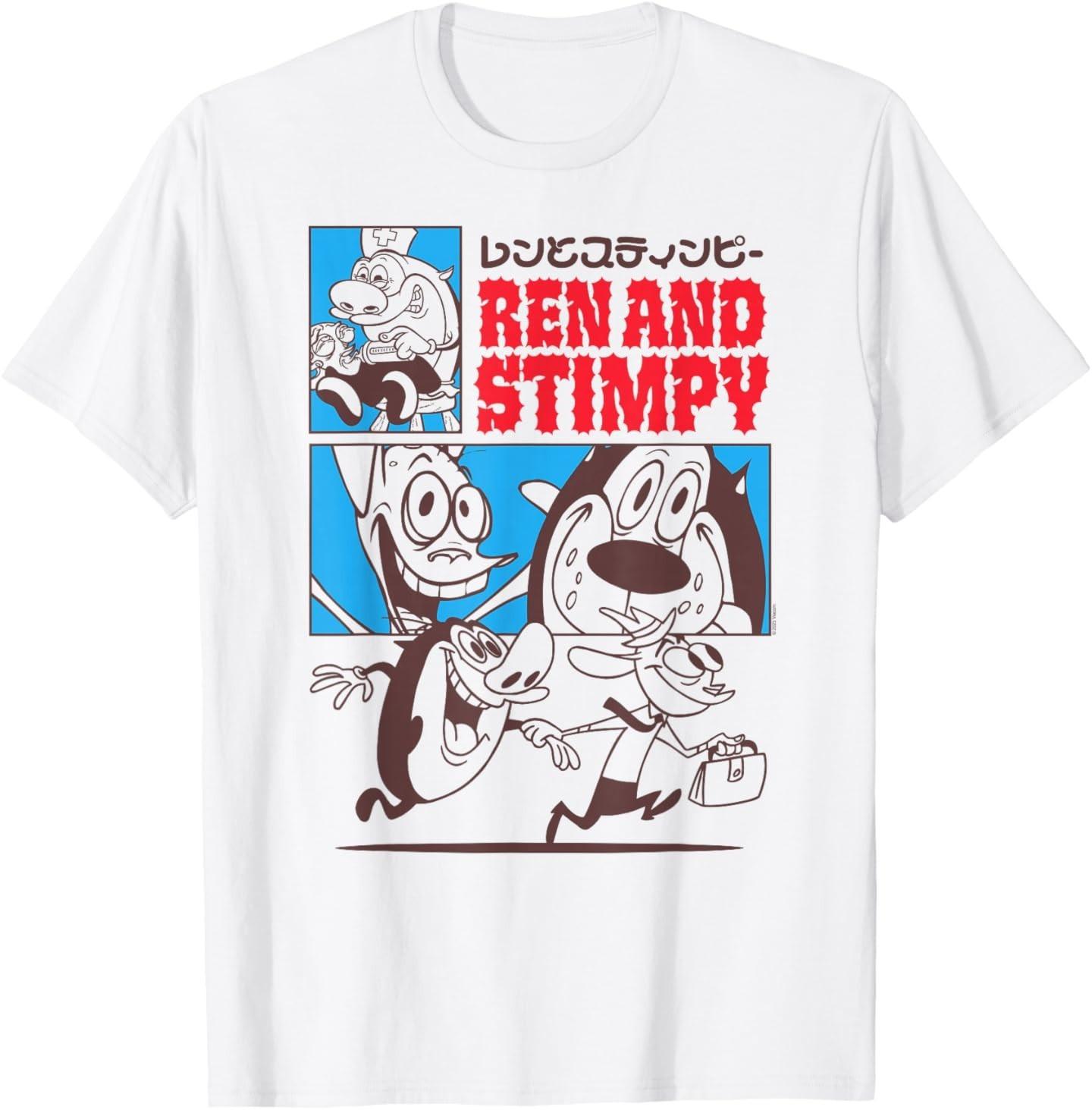 Ren and Stimpy Collage with Kanji Funny Cartoon T-Shirt S разноцветный