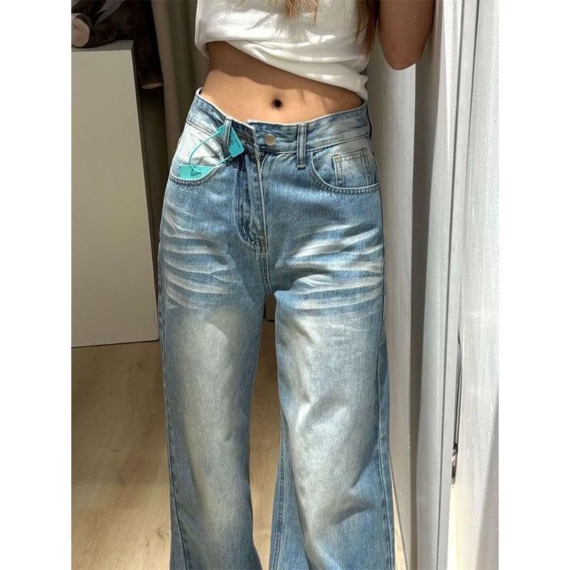 Women s High-Waist Wide-Leg Washed Denim Jeans L