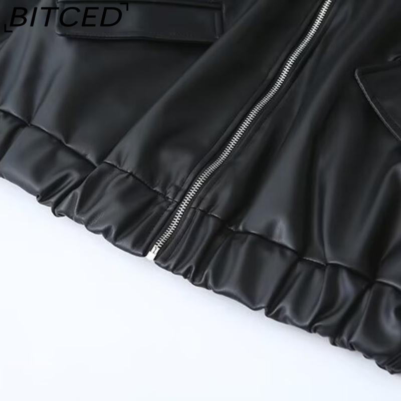BITCED Women's Fall/Winter Plus Size Fashion Collared Leather Jacket with Slanted Pockets