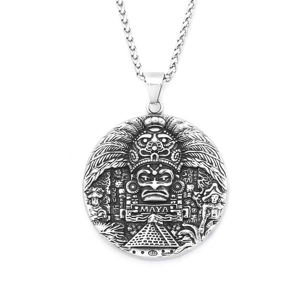New Vintage Stainless Steel Mayan Pattern Pendant Necklaces For Men Women Big Size AZTEC CALENDAR Necklace Amulet Jewelry Gifts