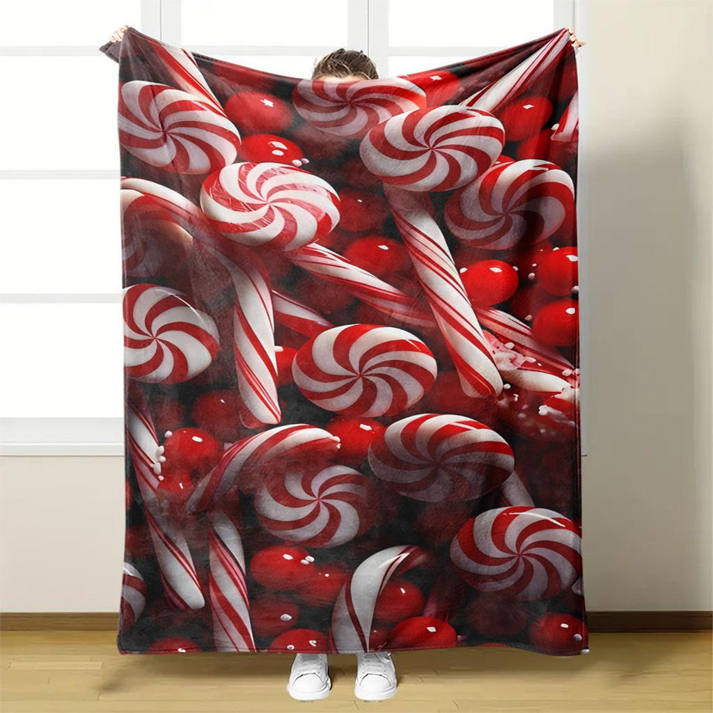 1pc Extra Candy Cane Flannel Blanket - Red White Throw for Sofa Bed Office Travel Picnic - Retro Festive Plush Christmas Decor