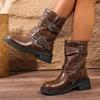 Vintage Schnallenriemen Mittelhohe Stiefel für Damen Braunes Pu-Leder Motorrad Kampfstiefel Frau Herbst Winter Klobiger Absatz Stiefeletten