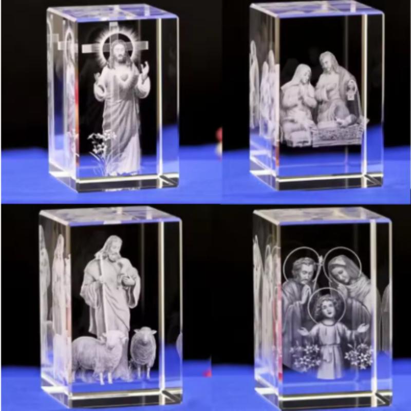 3D  Crystal Cube Christian Jesus Cross Figurine Home Decor Virgin Mary Laser Engrave Crystal Religious Gifts for Women's Birth