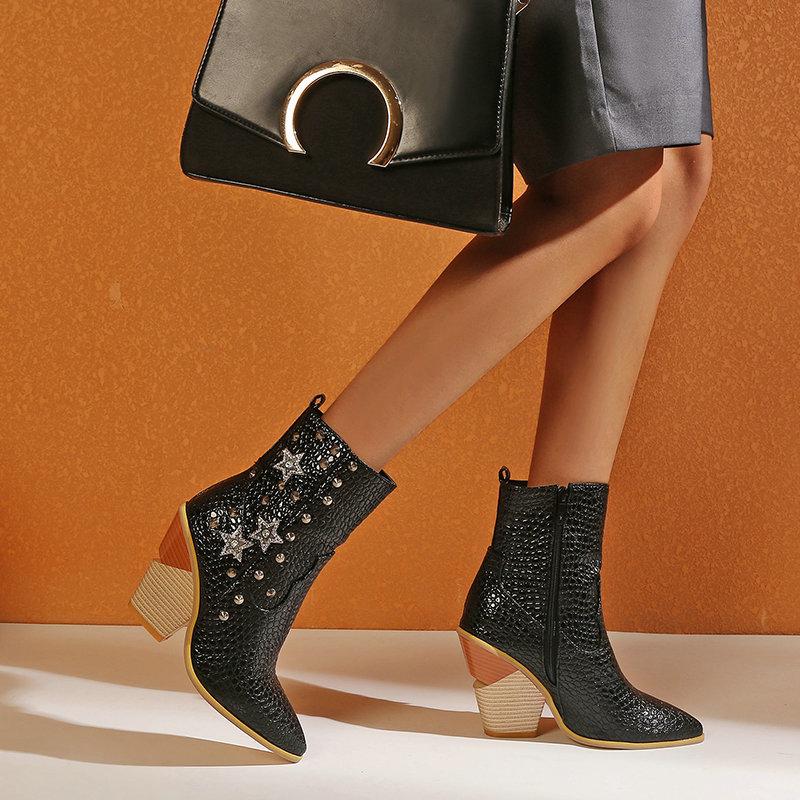 Goldfarbene Stiefeletten mit Schlangenmuster für Damen Keilabsatz Hohe Absätze Stiefel Frau Klobige Absätze Botas Damen Westernstiefel Große Größe 34-46