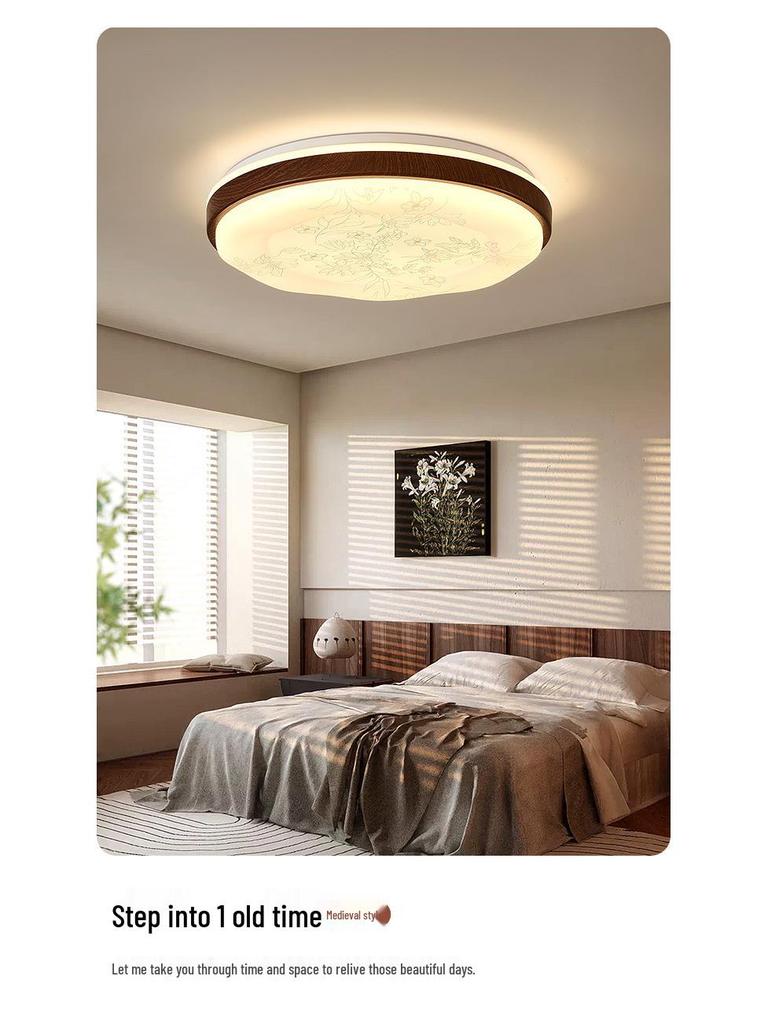Zen Song Dynasty Walnut Solid Wood Ceiling Light with Fabric Shade