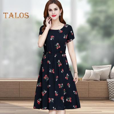 Women's Floral Print Summer Dress Boho Short Sleeve Crew Neck Midi Dress Drawstring Waist Flowy A-Line Beach Sundress