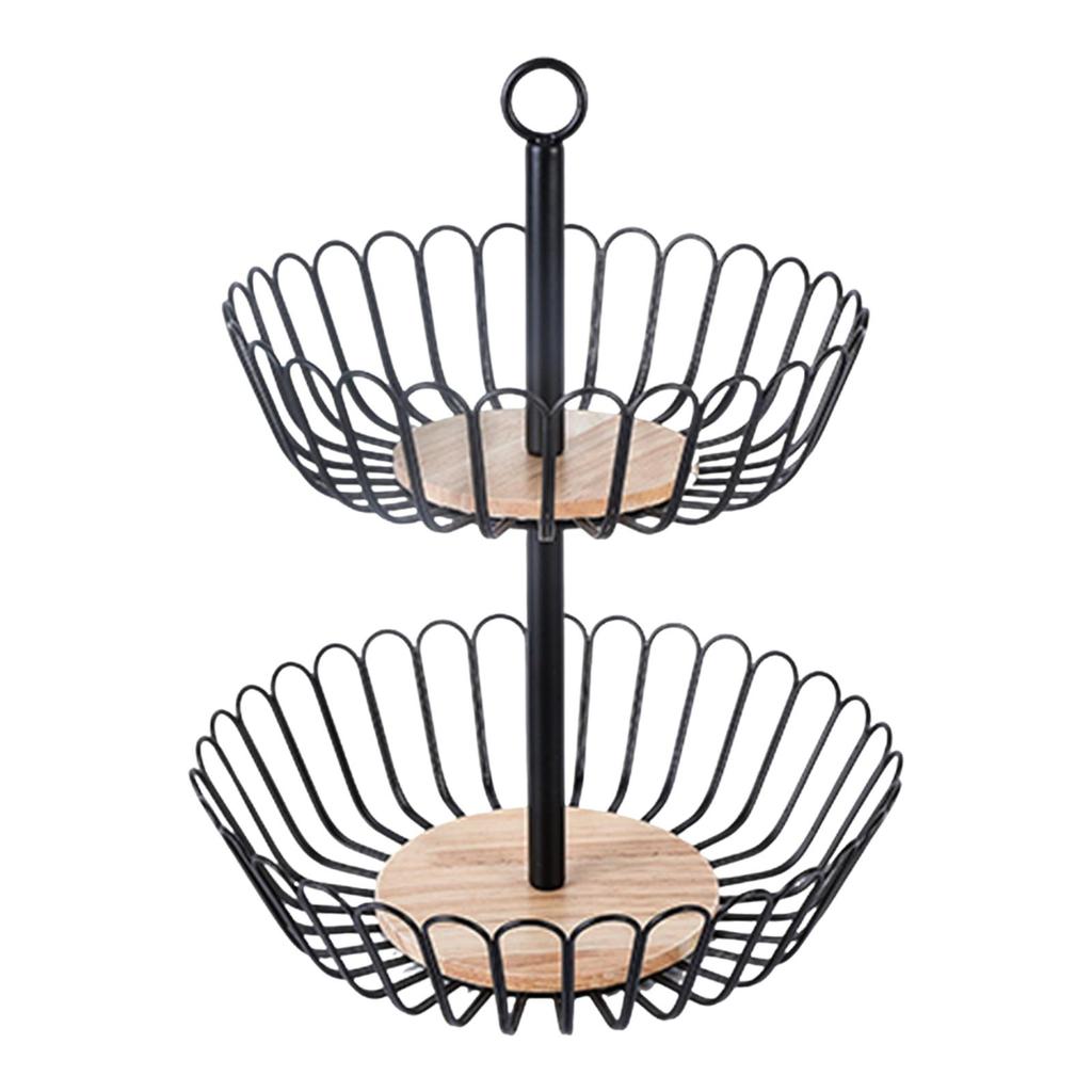 2 Tier Fruit Basket Storage Stand Candy Wooden Base Iron Wire Vegetable Bowl Food Serving Parties Candy Tiered Storage Stand