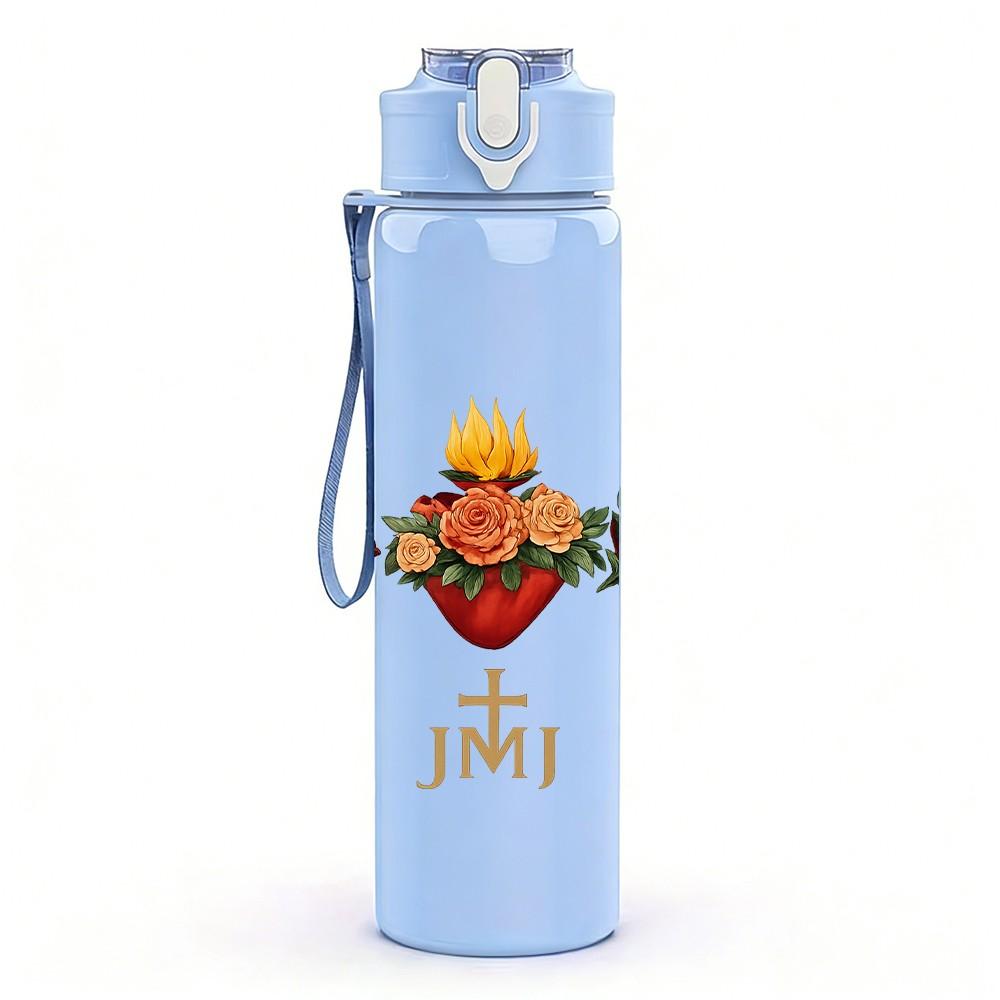 1PC Sacred Hearts JMN Floral 750ml Color Plastic Sports Water Bottle Leakproof Flip Straw Lid Suitable for Sports Office Home Use