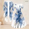 Women Plus Size Two Piece Set Square Neck Short Sleeve Tie Waist Printed Flared Dress 3 4 Sleeve Open Cardigan Blue White