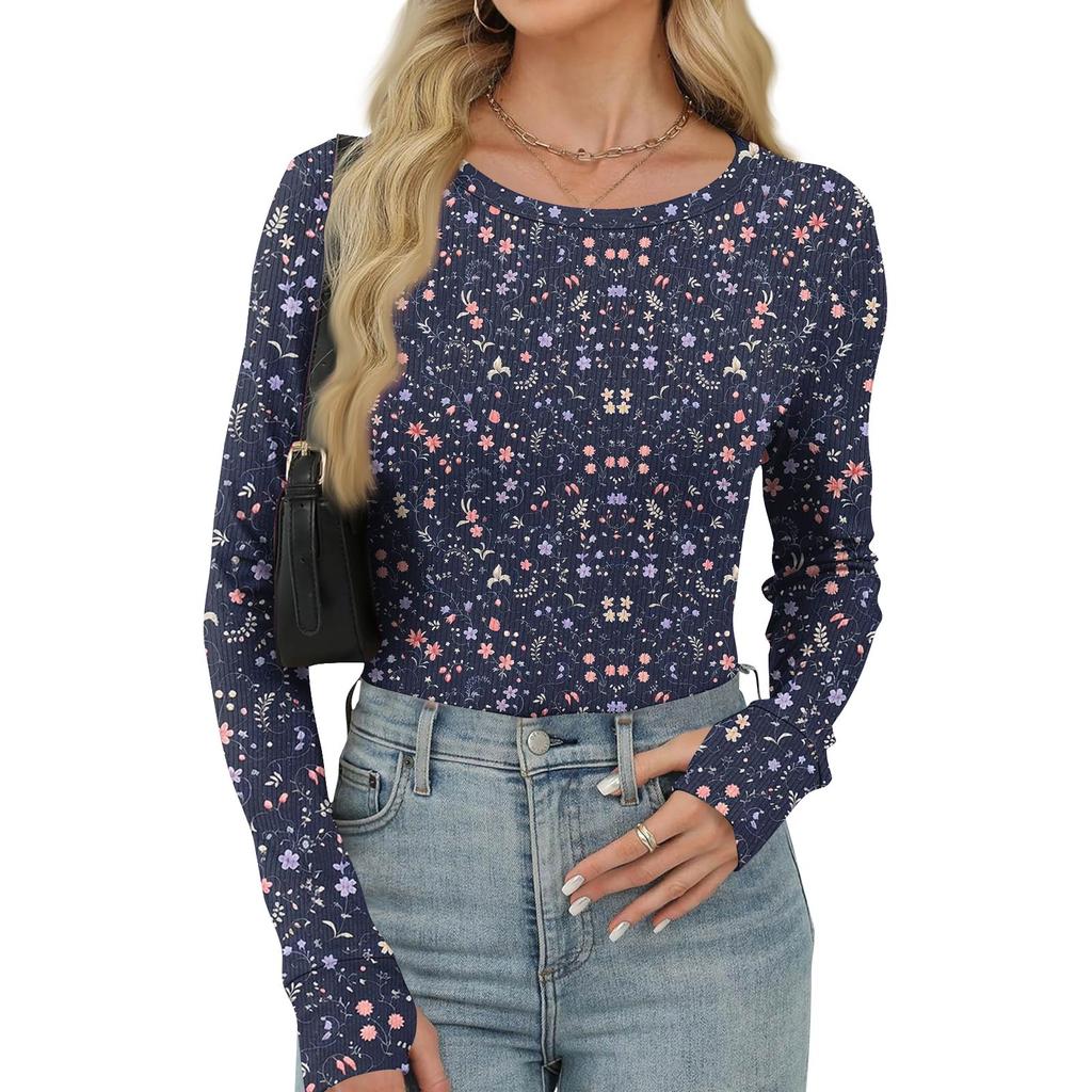 Women's  And Winter Slim Bottom T-shirt Fashion Casual Gradient Printing Round Neck Pullover Long Sleeve Top