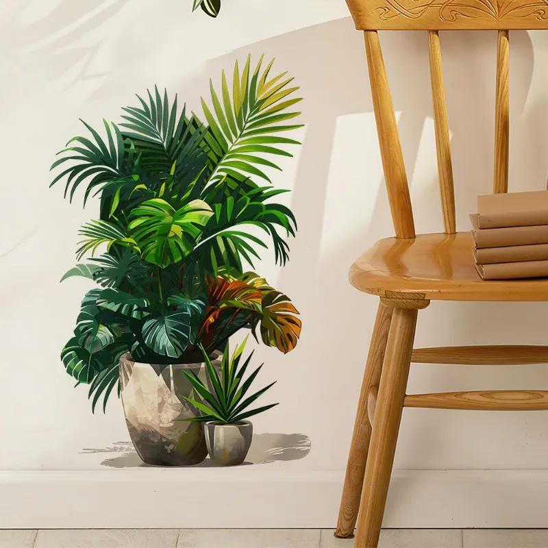 Natural Fresh Green Plant Wall Sticker PVC Potted Plant Decal Posters for Bedroom Office Relieve Visual Fatigue Home Decoration