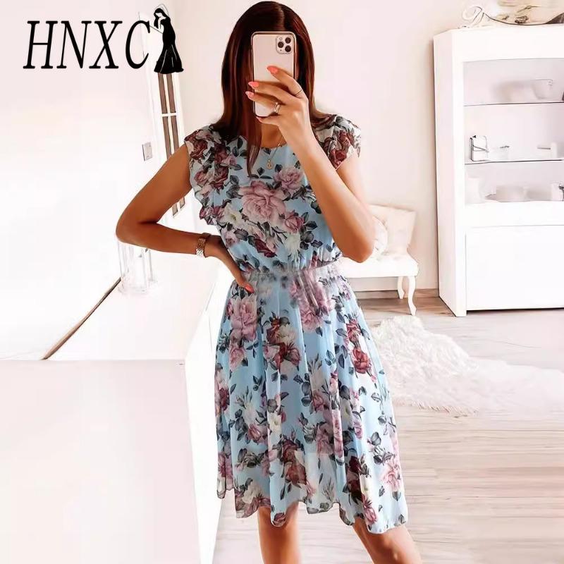 HNXC Rochie de damă la modă, casual, largă, cu gât rotund, mâneci fluture și imprimeu floral