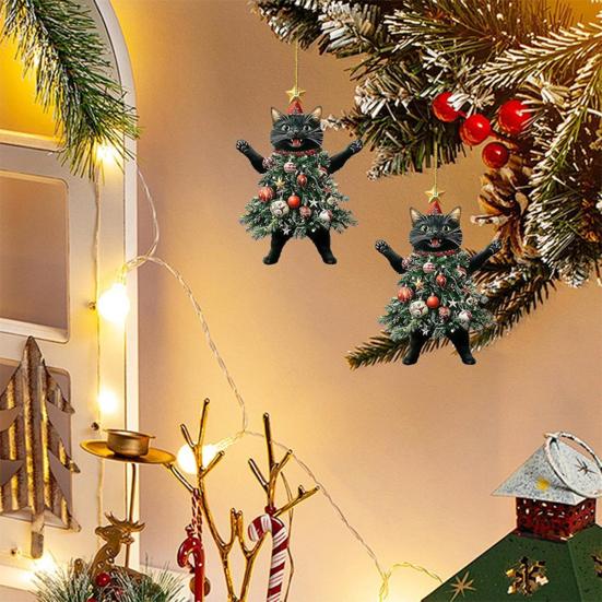 Weihnachtskatze im Weihnachtsbaum Acryl Hängeornament 2D Flach Auto Rückspiegel Anhänger Weihnachtsgeschenke für Katzenliebhaber