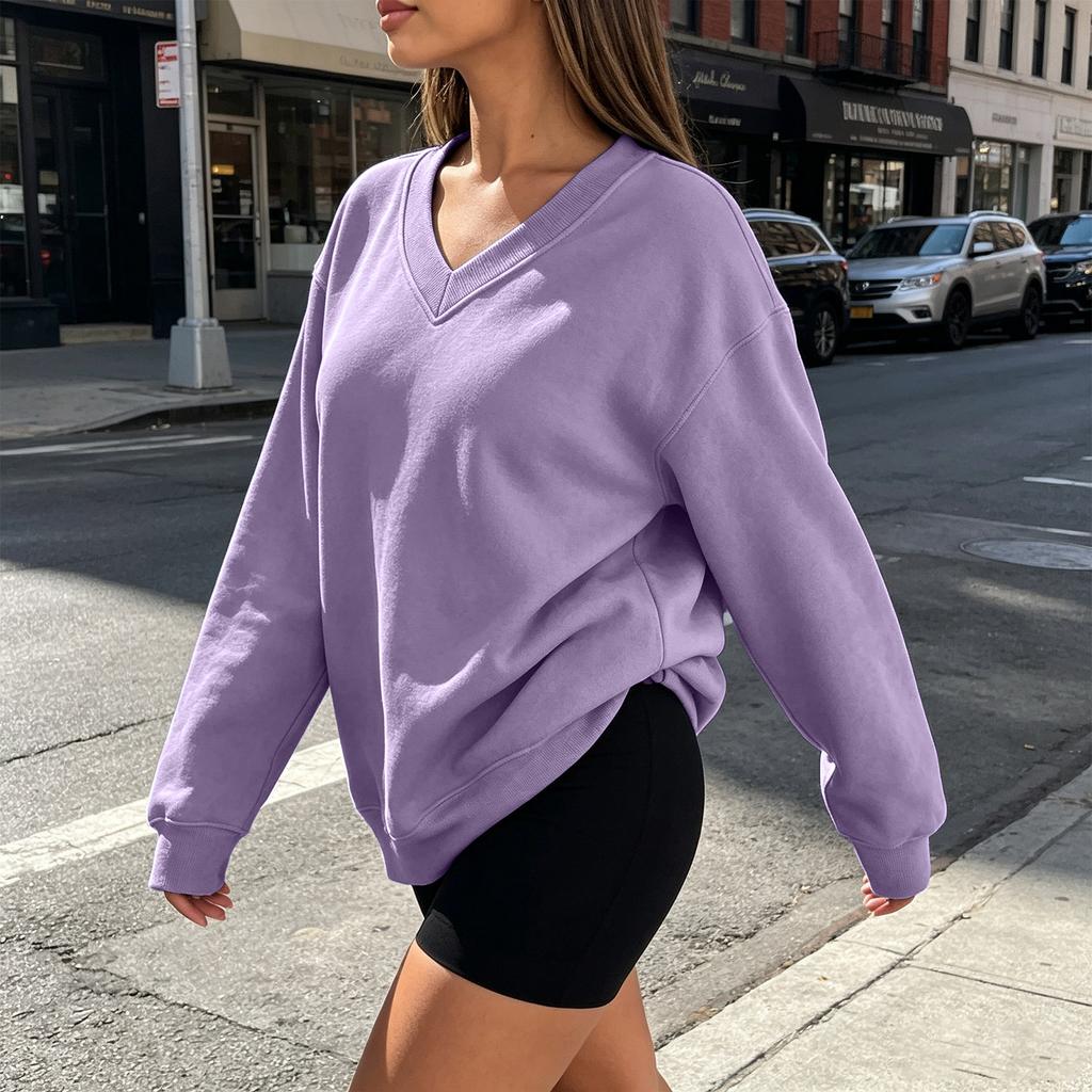 Women's V-Neck Long Sleeve Sweatshirt Casual Color Pullover