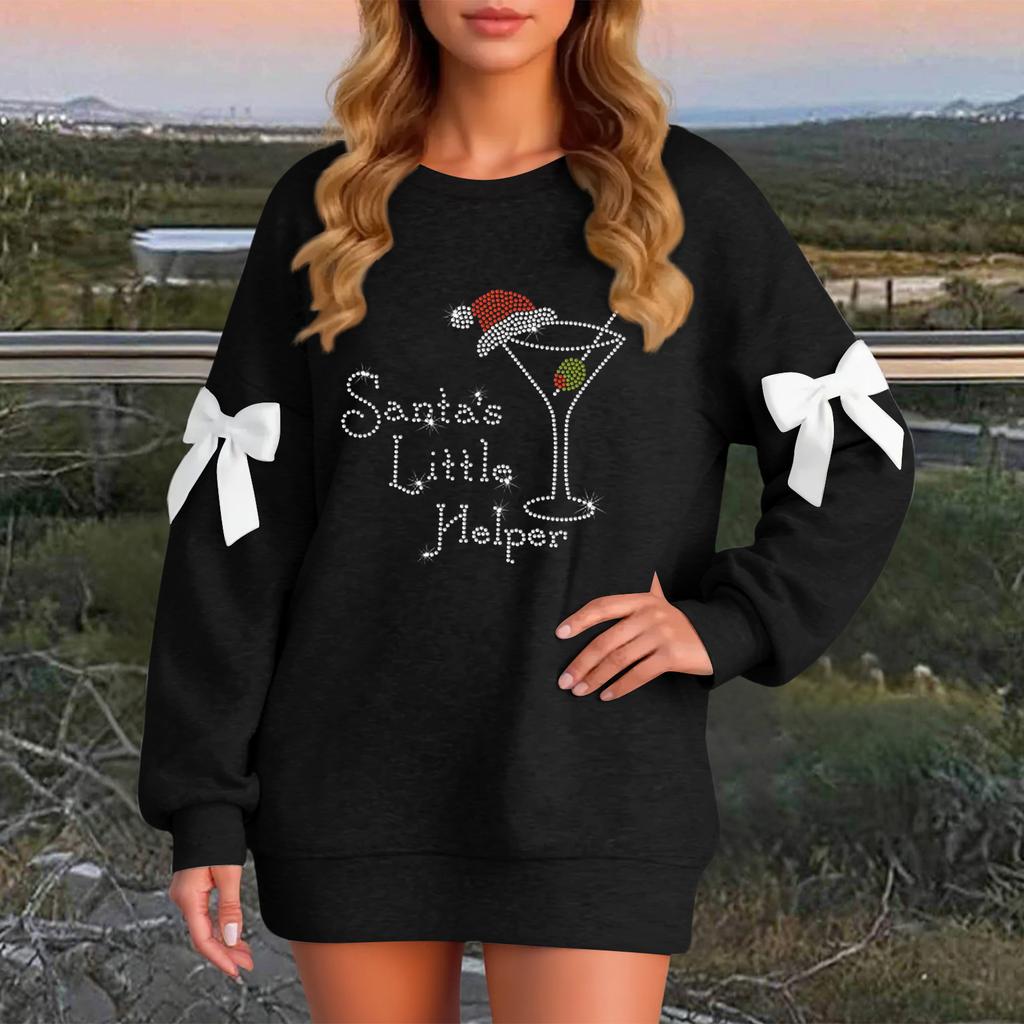 Ladies' Christmas Printed Bow Round Neck Long Sleeved Loose Pullover Sweater Sweatshirt Top