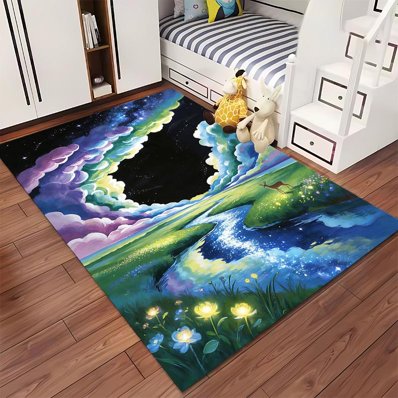 "Colorful River Landscape Carpet with Night Sky and Deer Pattern" Suitable for Use As an Anti-slip for Living Room Bedroom Sofas